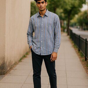 QUIETI SZ XL Men's Button-down Blue Stripe & Paisley 100%Cotton Shirt w/Contrast